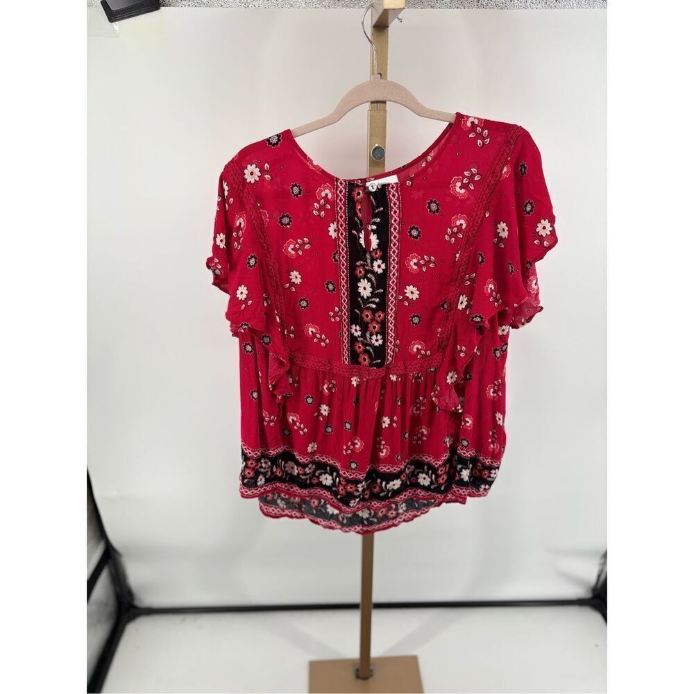 J. Jill Floral Flutter Sleeve Peasant Blouse Lace Trim Size 2X Red - Picture 6 of 11